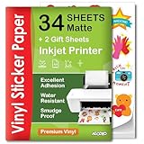 Premium Printable Vinyl Sticker Paper for Inkjet Printer - 34 Sheets Self-Adhesive Sheets Matte White Waterproof, Dries Quickly Vivid Colors, Holds Ink Well - Tear Resistant