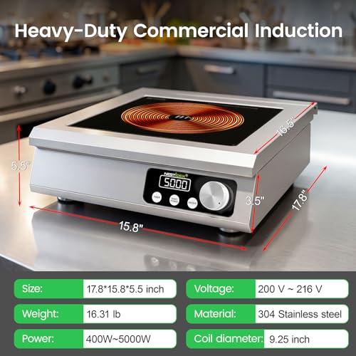 Image of 5000W Commercial Induction Cooktop, Hardwired 208V 3-Phase | Large 9.25-In Pure Copper Coil, Hardwired Commercial Induction Range for Restaurants & Institutional Foodservice