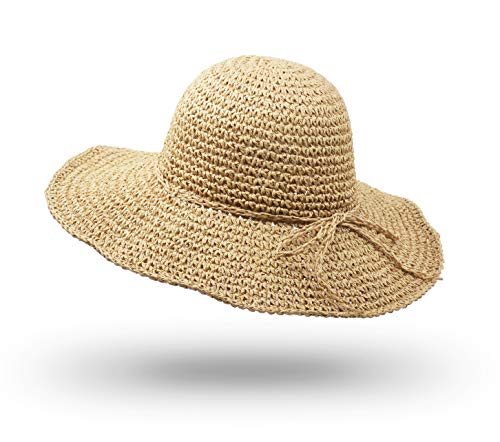 Straw Hat, Handmade Beach Wide Brim Cap Foldable Outdoor Sun Hat Beach Headwear for Adult Man Women Beige