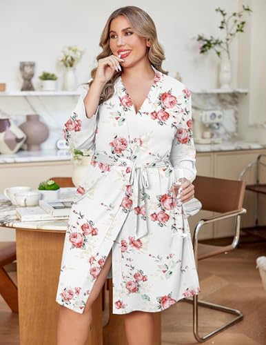 Image of Ekouaer Women Plus Size Robe Knee Length Lightweight Bathrobe Short Kimono Robes with Pockets Maternity Robe