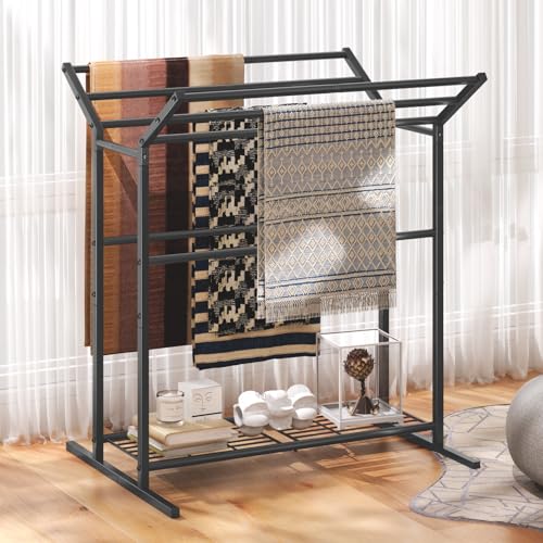 Free Standing Towel Rack for Bathroom 40.3 Tall 6 Tier Quilt Rack Stand Large Quilt Blanket Holder with Storage Shelves for Living Room Black Metal