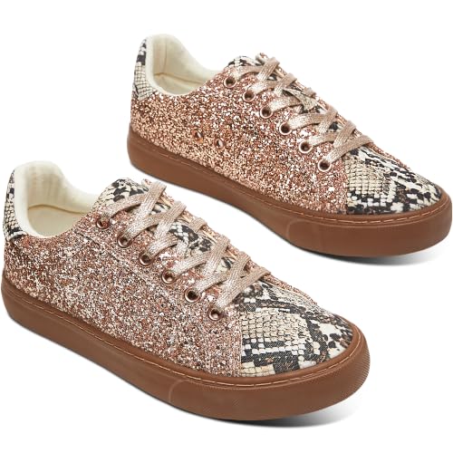 Image of AISFAES Glitter Sparkly Low Top Sequins Lace Up Tennis Shoes Comfort Bling Fashion Shiny Walking Shoes