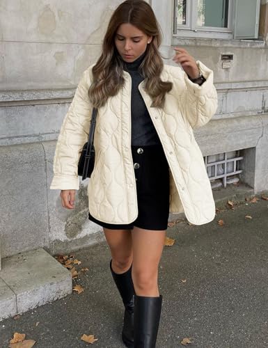 Flygo Women's Oversized Quilted Lightweight Jacket Button Down Puffer Padded Outerwear with Pocket(Beige-M)4