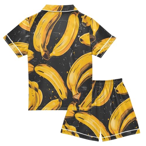 Satin Pajama Sets Short Sleeve Banana Pattern Print on Black Button Down Silky Nightwear 2 Piece PJS 5-14Y2
