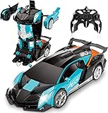 Lewinner Transformator Spielzeug mit Auto Aufkleber, Ferngesteuertes Auto für Kinder ab 6 7 8 9 10 Jahre, RC Auto Spielzeug Roboter Kinder, 2.4 GHz Spielzeugautos mit EIN-Knopf-Verformung, Blau