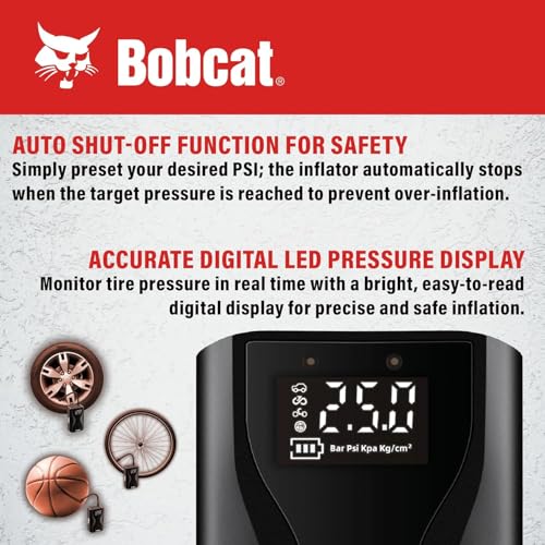 Image of Bobcat Tire Inflator Portable Air Compressor 4000 mAh - 150 PSI - Fast Inflation Cordless Air Pump for Car Tires with Digital Pressure Gauge - Portable Air Pump for Car, Motorcycles, Bikes & Balls