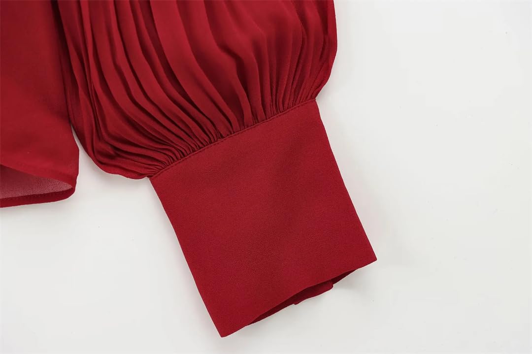 Elegancka bluzka damska z długim rękawem vintage bluzka czerwona kokardka bluzka, Czerwony, S
