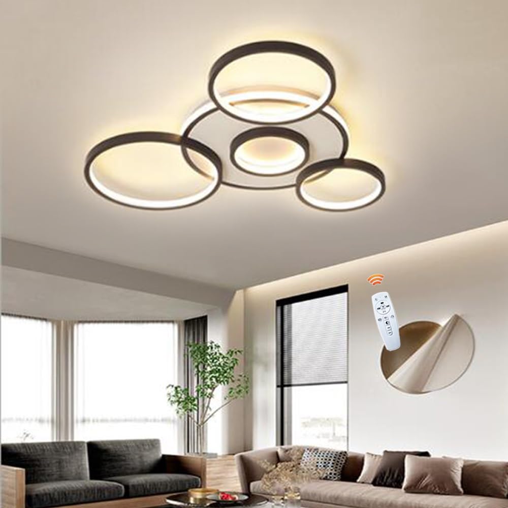LED Plafoniera Lampada Soggiorno Luci Metallo Dimmerabile Con Telecomando Lampada Soffitto Anello Lampada Sospensione Acrilico Camera Letto Sala Studio Camera Dei Bambini Lampadario,Marrone,3 Ringe