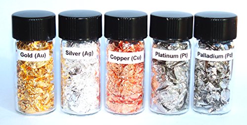 Gold, Silver, Copper, Palladium and Platinum Metal Element Sample in Glass Vials