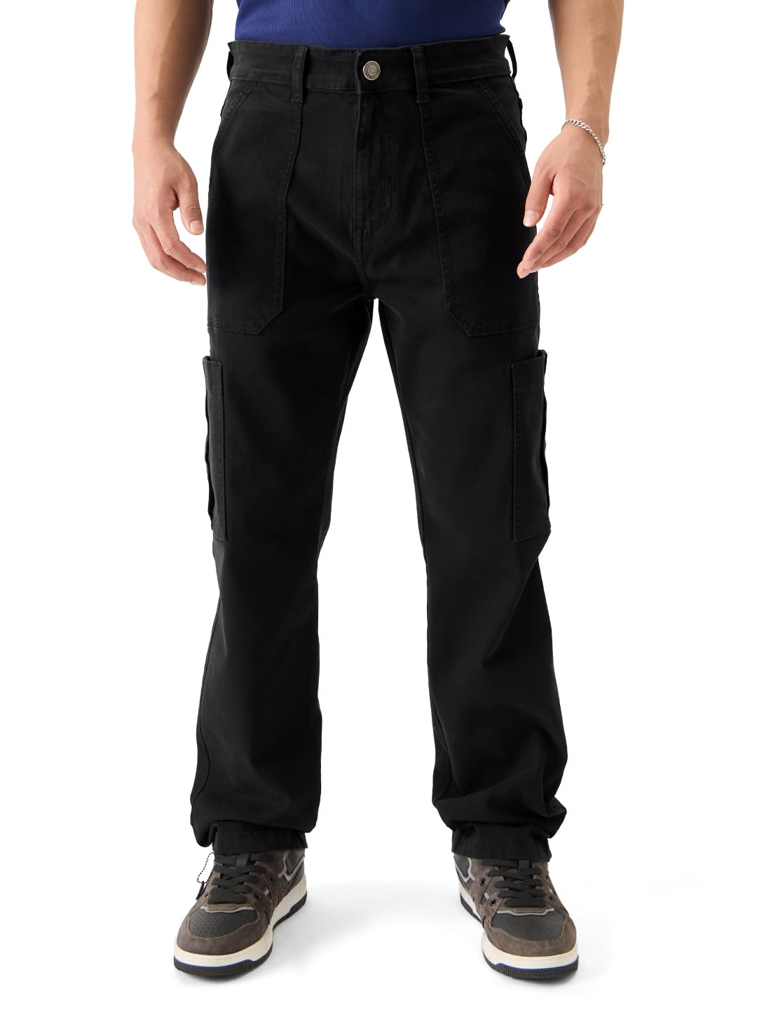 The Souled StoreSolids: Men and Boys Cotton Blend Straight Fit Cargo Jeans Jeans for Men Regular Fit Mens Free Pants Comfortable Stretchable Trousers Formal Buttoned Waist Casual Vintage