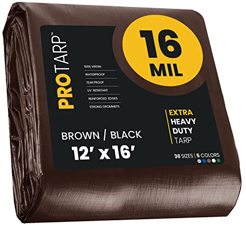 PROTARP Extra Heavy Duty 16 Mil Tarp Cover, Waterproof, UV Resistant, Rip and Tear Proof, Poly Tarpaulin with Reinforced Edges for Roof, Camping, Patio, Pool, Boat. (Brown/Black 12 X 16)