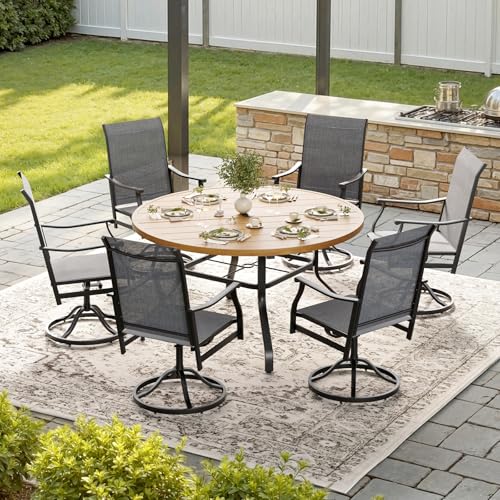 Image of Soohow 7-Piece Outdoor Dining Set, Round Patio Dining Table and Chairs Set for 6, 6 x Swivel Patio Chairs and 47 inch Dining Table with 1.57 inch Umbrella Hole, Wood-Like, Ideal for Poolside, Backyard, Deck