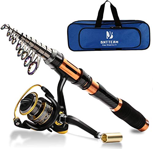 BNTTEAM 3 Packs Spinning Canne À Pêche Bobine Combo 99% Carbone Télescopique Rétractable Mini Ultra Léger 1.8M 2.1M 2.4M 3.0M 3.6M Tige avec 12BB Fising Reel et Sac De Pêche (3PCS Set 2.1M)