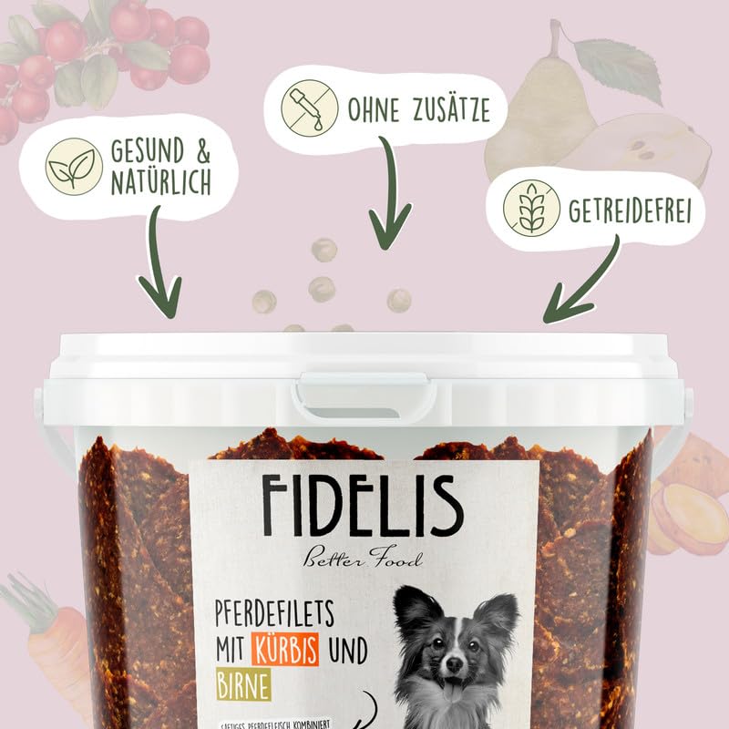 Fidelis - Pferdefilets Kürbis & Birne für Hunde im praktischen 500gr-Eimer - Luftgetrocknete Hunde Leckerlis aus 100% natürlichen Rohstoffen