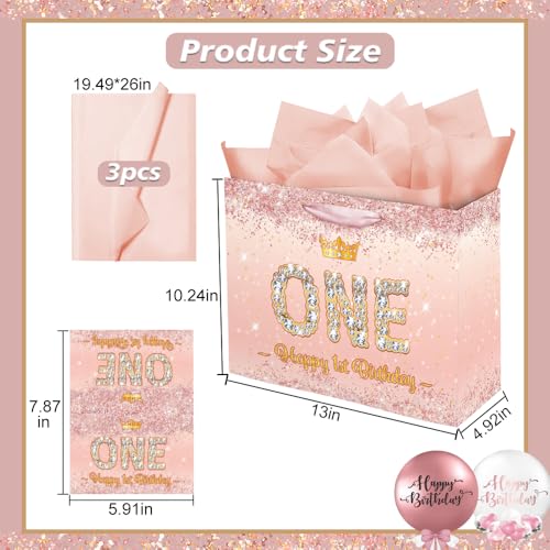 Rose Gold Happy 1st Birthday Gift Bag for One Year Old Girls, One Year Old Girl First Birthday Gift Bag Card Decorations for Daughter, Granddaughter - Image 2