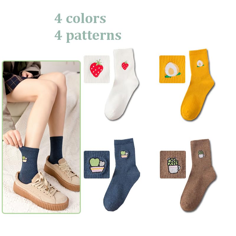 Image of Fruit Socks Cute Socks for Women Crew Socks Cotton Embroidered Banana Avocado Strawberry 4-6pairs