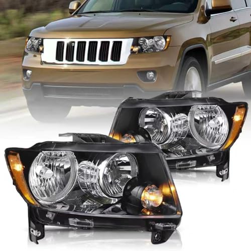 Bingbingmotor BRYGHT Factory Halogen Style Headlights Assembly Fit for 11-17 Compass, 2011 2012 2013 Jeep Grand Cherokee Headlamps Replacement Black Housing with Amber Reflector