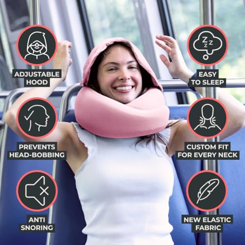 Image of FlyHugz 2.0 Hooded Travel Pillow - 2026 Original Release - Memory Foam Neck Pillow with Adjustable Hood & Premium Elastic Washable Cover - First Class Comfort for Flights, Road Trips & Sleep- Pink