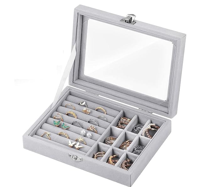 Image of BucketList Women's Velvet Glass Ring Earrings Jewelry Box - Display Storage Showcase Holder Organizer (Ring Box Grey)