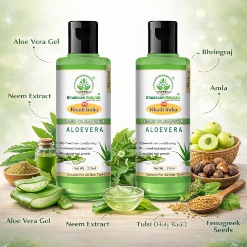 Image of Bhudevam Natural Khadi Aloe Vera Hair Shampoo Moisturizing & Nourishing Formula for Dry, Damaged Hair | Suitable for All Hair Types - Pack of 2