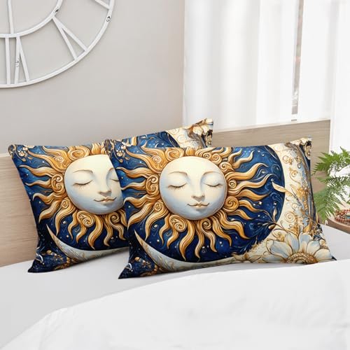 Image of AILONEN Sun and Moon Bedding Set Queen Size,Blue White Flower Exotic Boho Moon Comforter Set,Galaxy Soft 3Pcs Quilt with 2 Pillowcases