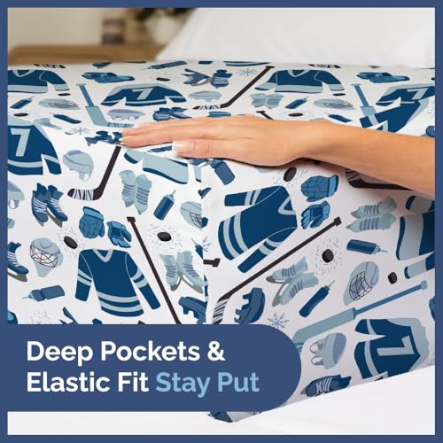 Image of Kids Full Size Blue Ice Hockey Bed Sheets - 4 Piece Sport Sheet Set - Ice Hockey Player Print Bedding - Soft, Breathable & Machine Washable - Sports Game Bed Set for Boys, Girls, Teens and Toddlers