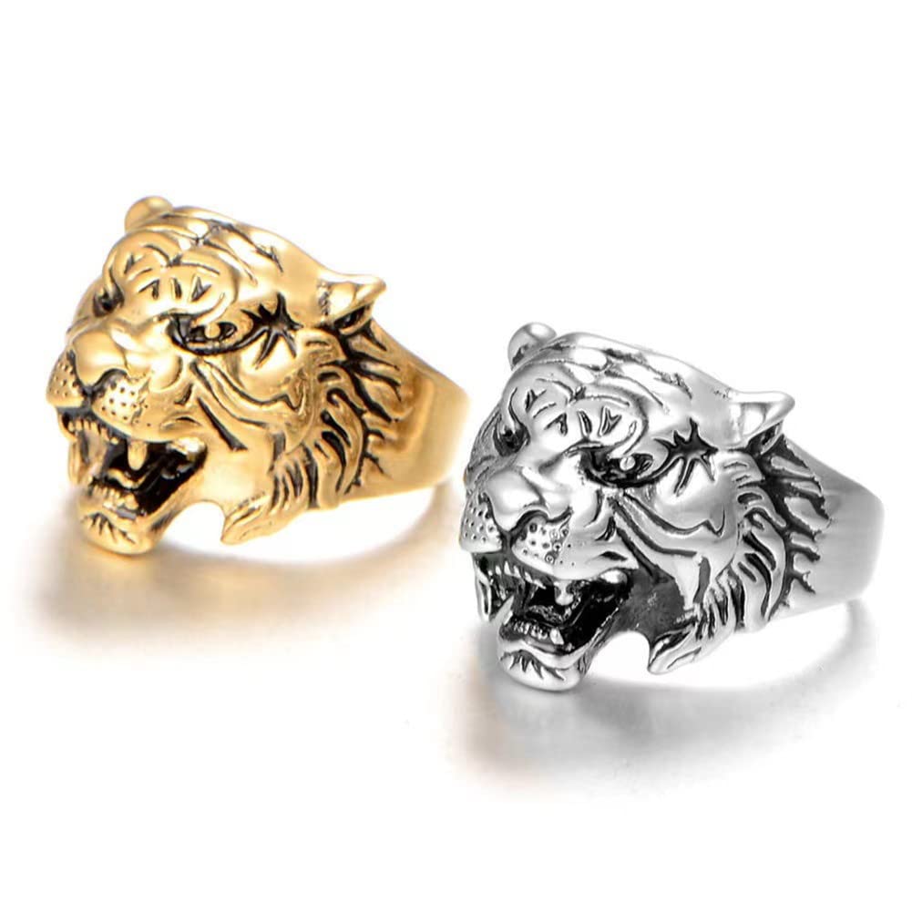 XCFS2pcs/set Mens Punk Roaring Tiger Band Ring 2 Color Gold Plated Gothic Biker Tiger Head Stainless steel Rings Norse Viking Wolf Tiger Adjustble Ring,Size #7-#12, Non-Precious Metal, No Gemstone