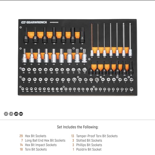 Image of GEARWRENCH 88 Piece 1 /4 inch, 3 /8 inch, 1 /2 inch Drive SAE Bit Socket Set in Foam Storage Tray - GWMSBSKCBSAE