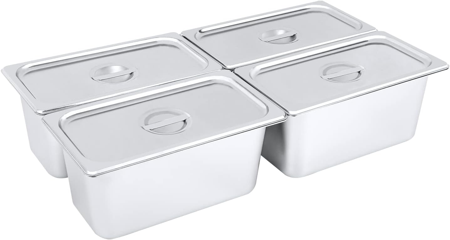 4 Packs Stainless Steam Hotel Pan with Lid Steam Table Pan 1/3 Size x 6" Deep 12.8 * 6.9 * 6inches 0.35cm Thick Food Serving Pans with Handle Lid