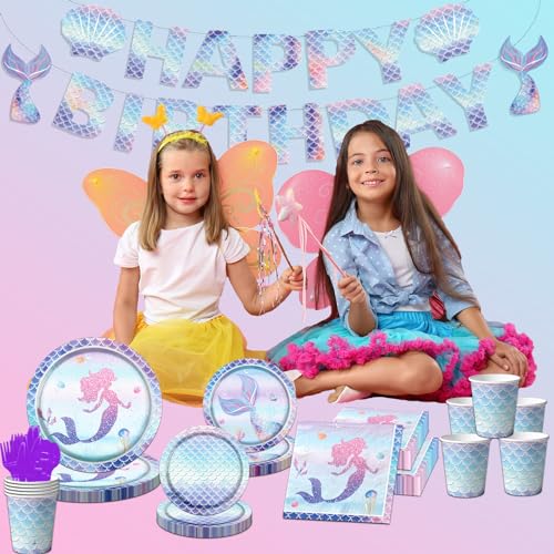 Cmusko Mermaid Party Decorations, Mermaid Birthday Party Supplies Tableware Include Mermaid Plates And Napkins,Mermaid Tablecloth For Mermaid Under The Sea Birthday Party Decorations thumb #4