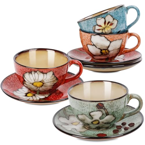 Katathani Cappuccino Cups Set of 4, 8 Oz Ceramic Coffee Cups with Saucers for Espresso, Tea, Latte – Hand-Painted Porcelain Underglaze Design
