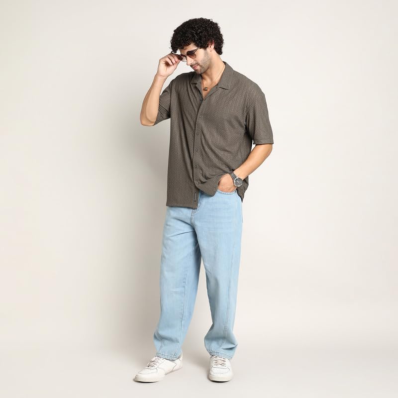 Image of CAHOOT Men's Oversized Shirt for Casual Wear | Cuban Collar | Short Regular Sleeves | Button Closure | Oversized Shirt Crafted with Comfort Fit for Everyday Wear