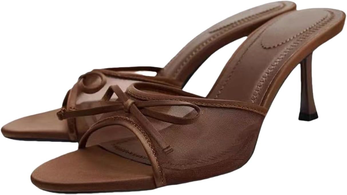 UFEDO Womens Kitten Heels Bow Mesh Sandals Round Open Toe Slip On Low Slide Heeled Sandals