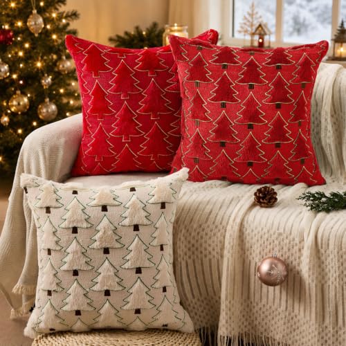 Image of Allorry Christmas Pillow Covers 18x18 inch Set of 2 Christmas Decorations Soft Plush Faux Fur Wool Red Christmas Tree Throw Pillow Cases Winter Holiday Decor for Sofa Living Room PT012B18