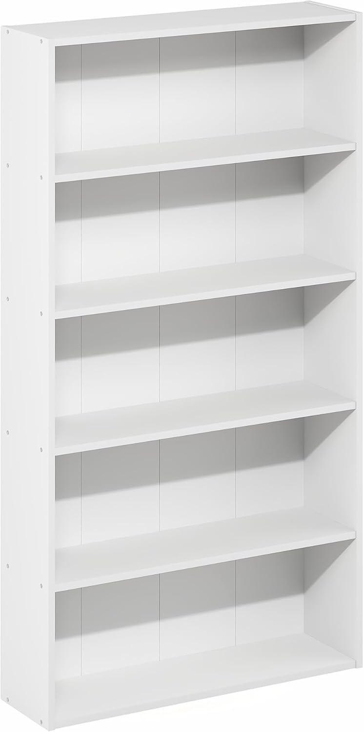 Furinno Basic Book Shelf, 5-Tier Bookshelf, Storage Organizer Bookcase with Open Shelf, 7 x 24 x 44, for Living Room, Bedroom, Home Office, White