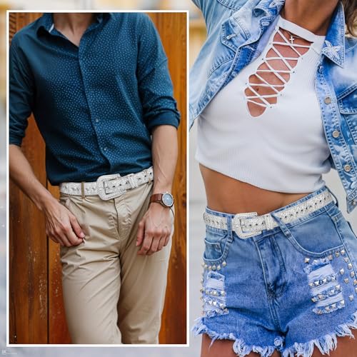 Western Cowboy Style Rhinestone Belts for Women, Western Cowgirl Sparkly Silver Leather Sequin Belts Luxury Bling Diamond Crystal Studded Belt for Jeans Pants Dress(40.94×1.50 Inches)3