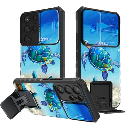 BEOTIWAD for Samsung Galaxy S23 Ultra Case with Sliding Camera Cover,Dual Layer Heavy Duty Shockproof Protective Cover,Built-in Stand Kickstand for Samsung S23 Ultra,Turtle Starfish