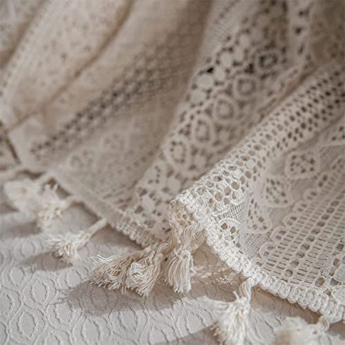 2 Panels Boho Chic Crochet Lace Curtain Farmhouse Retro Window Curtain Panel With Tassels Beige Drapes Sheer Curtains Window Treatments For Living Room Bedroom, Rod Pocket Top (59''Wx95''L) #TOP5