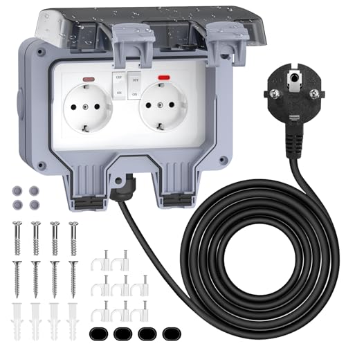 Außensteckdose Wasserdicht IP66 Aussensteckdose 2 Fach Doppel Steckdose Außen mit 3M Kabel Schalter Klappdeckel,Wandsteckdose Feuchtraum Aufputz Wetterfest Outdoor Gartensteckdose,Grau