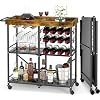 Bar Carts for The Home 3 Tier Folding Bar Cart with Wheels Removable Wine Rack Glass Holder and Hooks Rolling Serving Carts for Kitchen Coffee Quick Assembly
