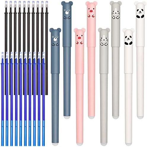 8 Pcs Erasable Rollerball Pens Friction Pens, Cute Pigs/Panda Erasable Cartoon Gel Pen with 10 Blue and 10 Black Refills, for Kids Students Adults, Easy to Rub, 0.35mm (8)