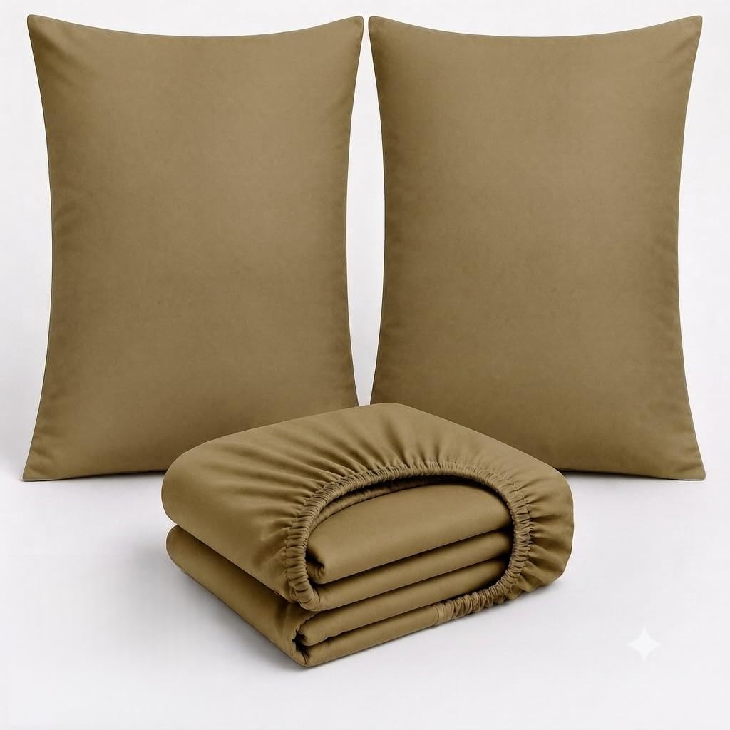 3 Piece Cotton Bedding Set UK – 200 Thread Count Deep Fitted Sheet 25cm with 2 Pillowcases, Soft Breathable Hotel Quality Bed Linen, Elasticated, Khaki, Double