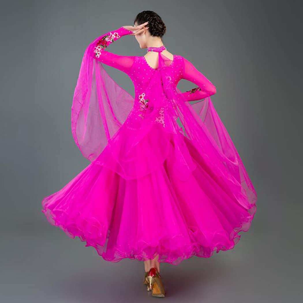 Embroidery Ballroom Competition Dancing Dresses for Women Waltz Modern Performance Dancing Outfit Foxtrot Costume,Rose red,S