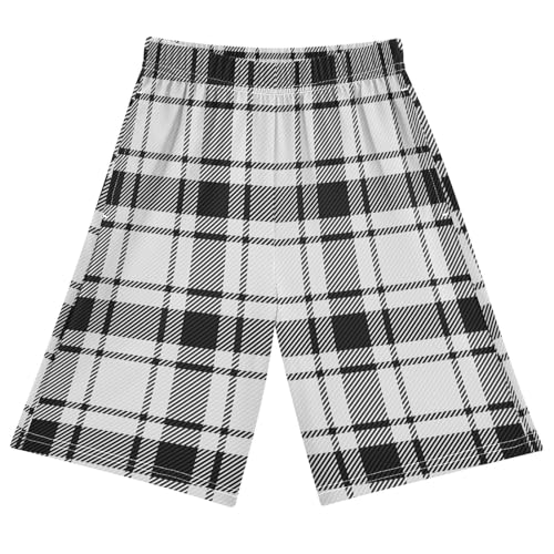 GuoChe Plaid Black White Unisex Pull-on Shorts Pajamas with Pockets Loose Fit Kid Sleepwear