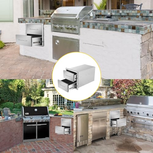 Image of Outdoor Kitchen Drawers 14 inch W x 15 inch H x 23 inch D Flush Mount Double BBQ Drawers with Chrome Handle Stainless Steel Drawer for Outdoor Kitchen Island, Patio Grill Station