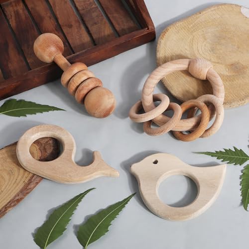 Image of Babbles Neem Wood Teethers for Babies | Wooden Teethers for 6 to 12 Months Baby | Natural and Antibacteria (Bird+Whale+Dumbbell+Ring)