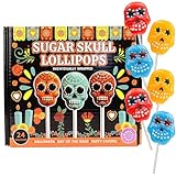 Sweetzo Halloween Sugar Skull Candy Lollipops, Individually Wrapped Dia De Los Muertos Suckers, Strawberry, Orange and Blueberry Flavored (24 Pieces)