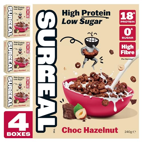 Surreal Choc Hazelnut - High Protein Cereal - Zero Sugar- Healthy Plant Based Cereal - High in Fibre - Low Carb - Gluten Free - Vegan - 18g of Protein 0g of Sugar - 240g per Box - 4 Pack