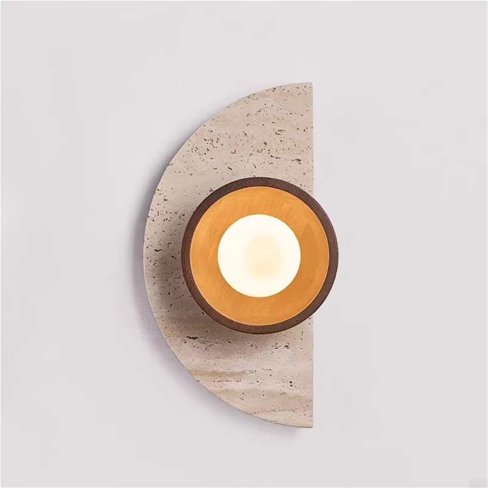 COSRUB Half Moon Travertine Wall Sconce, Semicircle Stone Wall Lamp with Wood Bowl Japanese Farmhouse Wall Mounted Light for Bedside Entryway Living Room
