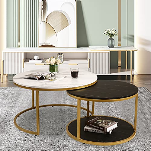 Image of NSdirect Nesting Coffee Table Set of 2,Round Coffee Tables Modern Circle Table for Living Room Accent End Side Table with Storage Open Shelf Wooden Top & Gold Sturdy Metal Frame(White&Black)